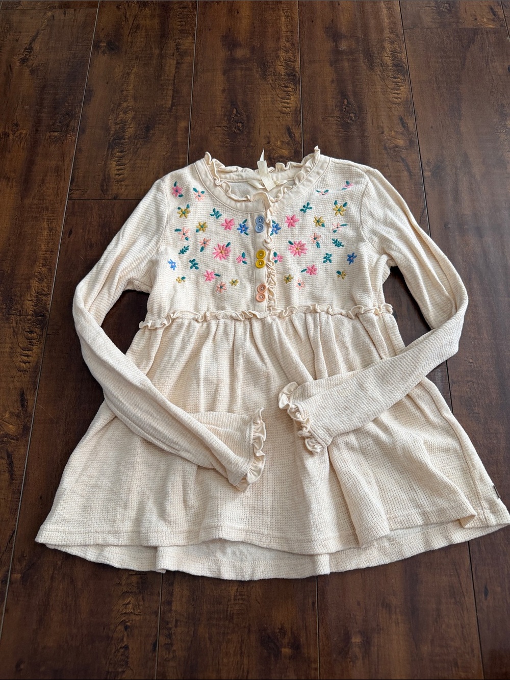 Matilda Jane Cream Long Sleeve Peplum Top with Colorful Floral Embroidery